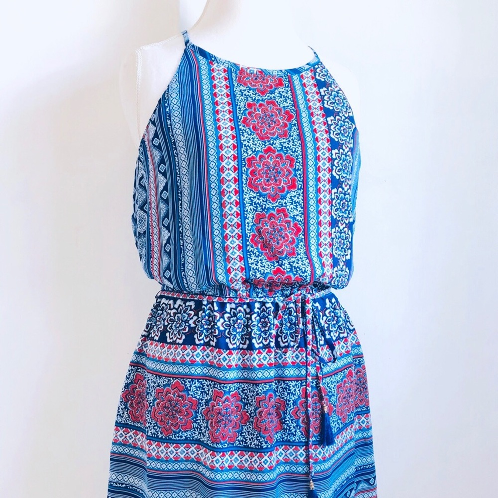 Charming Charlie Blue and Red Patterned Halter Dress